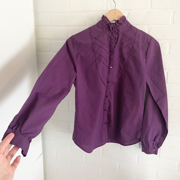 Vintage 80s Blouse Ruffled High Neck Pleated front Goth Victorian Feminine Sz 10 - Picture 7 of 9
